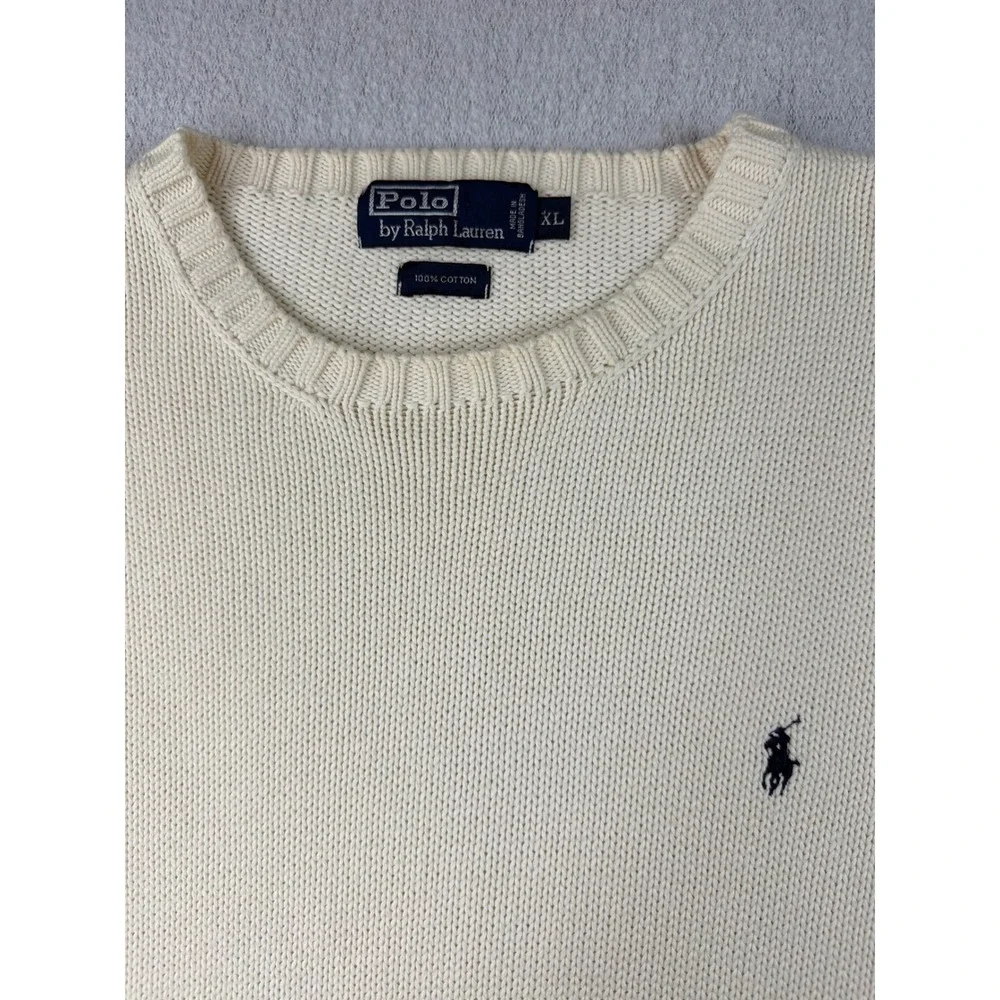 90's Vtg Polo Ralph Lauren Sweater Mens XL Cream 100% Cotton Crewneck navy pony